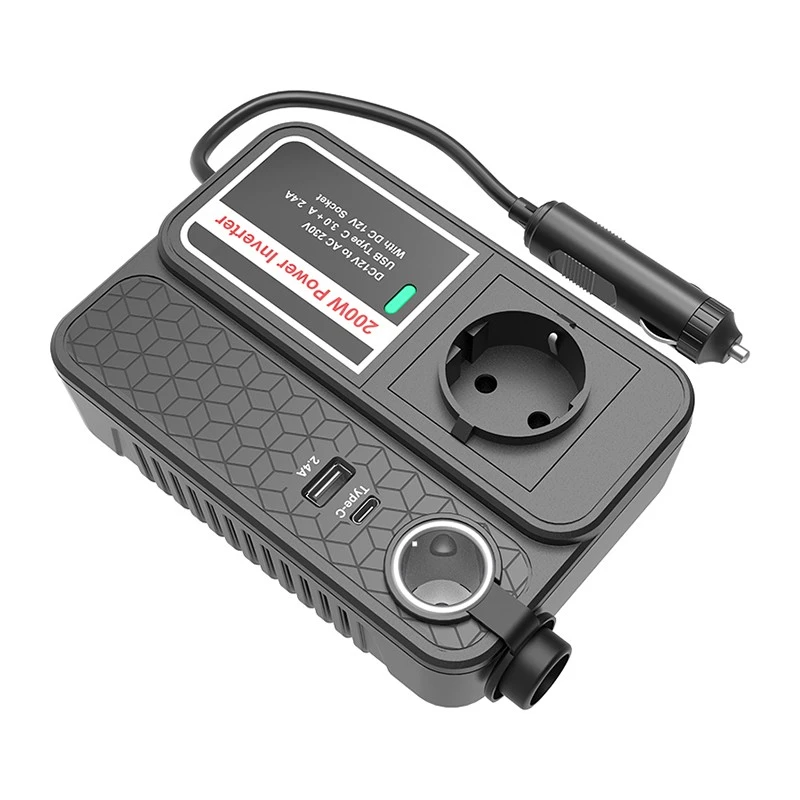 200W Power Strip Car Inverter 12V To 230V With 2.4A USB And Type C Port - EU factory 200W Power Strip Car Inverter 12V To 230V With 2.4A USB And Type C Port - EU factory
