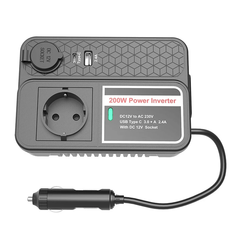 200W Power Strip Car Inverter 12V To 230V With 2.4A USB And Type C Port - EU suppliers 200W Power Strip Car Inverter 12V To 230V With 2.4A USB And Type C Port - EU suppliers