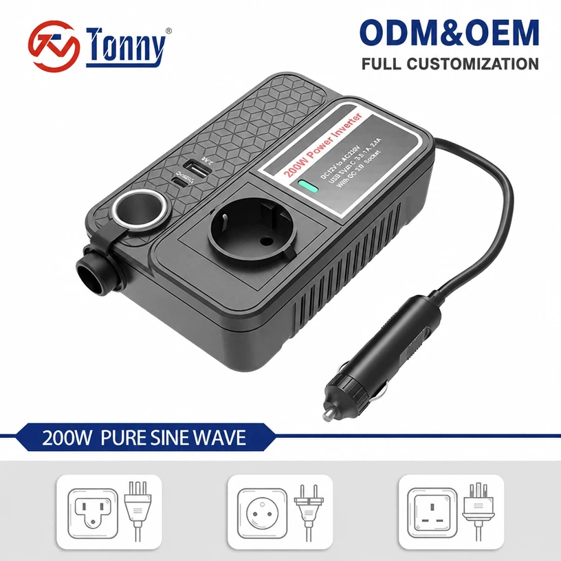 200W Power Strip Car Inverter 12V To 230V With 2.4A USB And Type C Port - EU